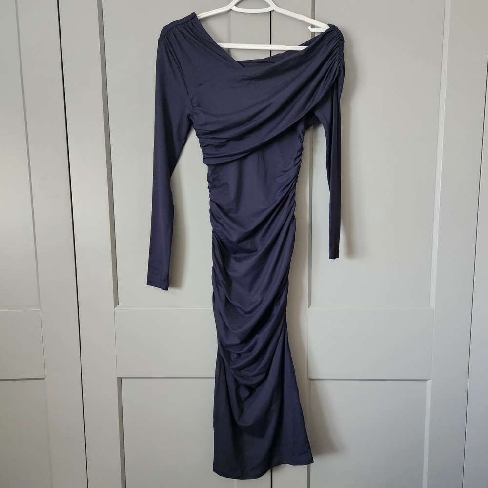 New Susana Monaco Long Sleeve Ruched Dress Midnight Blue XS Revolve Quiet Lux